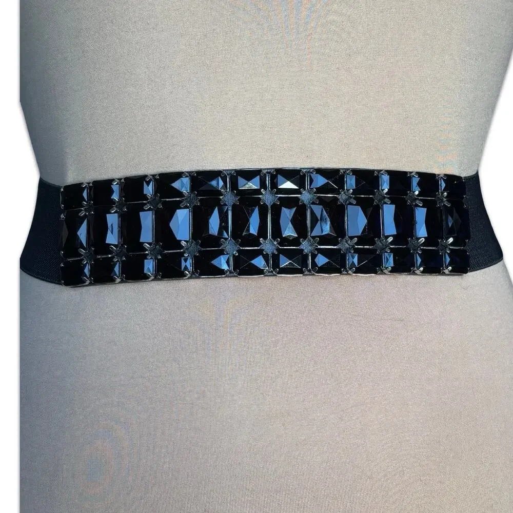 Vintage Black Elastic Faceted Stone‎ Waist Belt Statement Studded Stretch Cinch